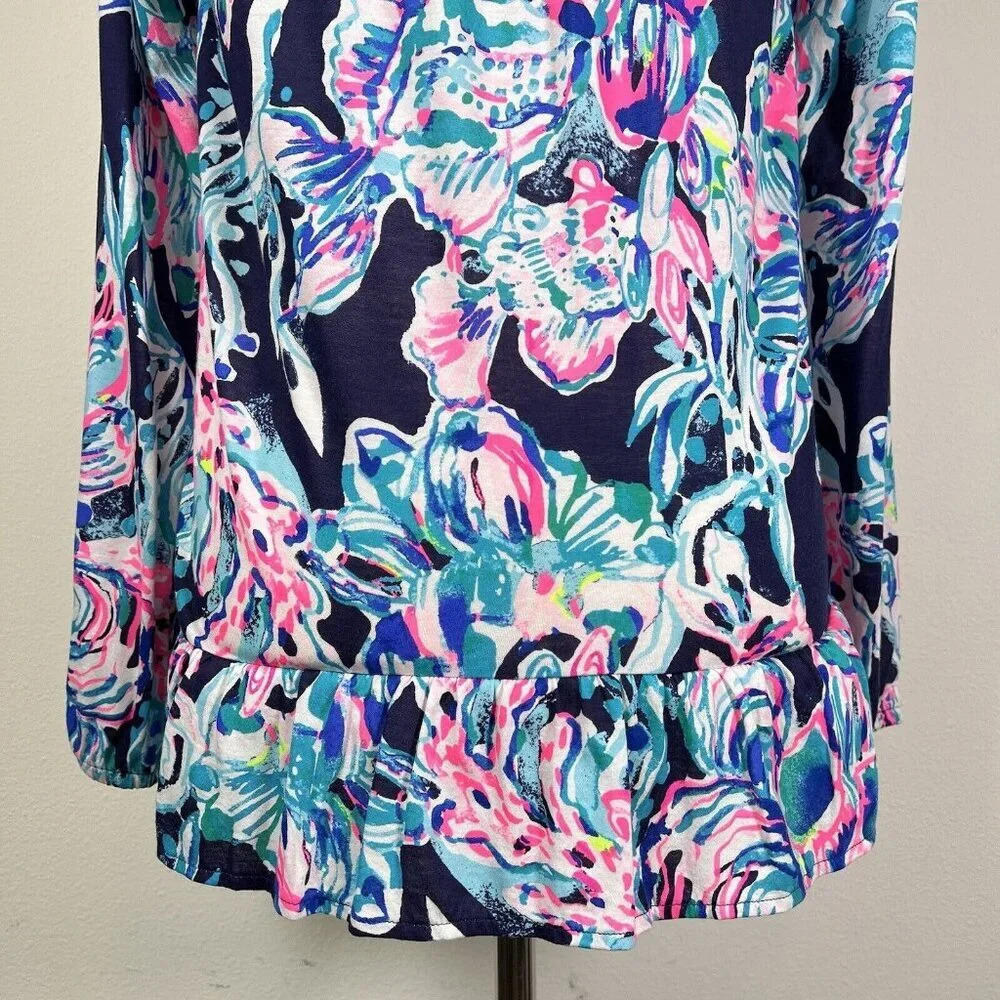 Lilly Pulitzer Top Blouse Size XS Blue Pink Long Sleeve Beach Tropical Fish - Picture 13 of 14